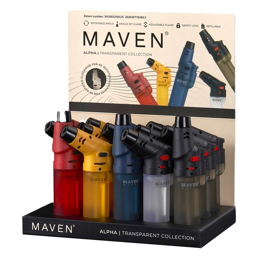 [MAVENALPHAPLUSTRANSPARENT/15] Maven Alpha+ Transparent Torch Lighters - 15ct