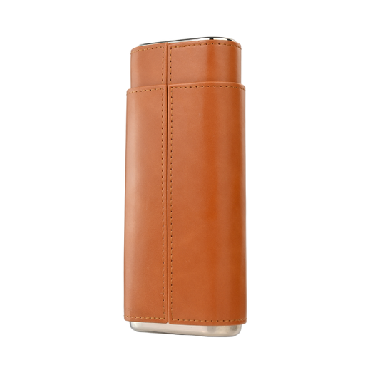 [BRWN CDR CASE WITH SLV TOP] 3 Finger Brown Metal Cedar-Lined Cigar Case with Silver Top