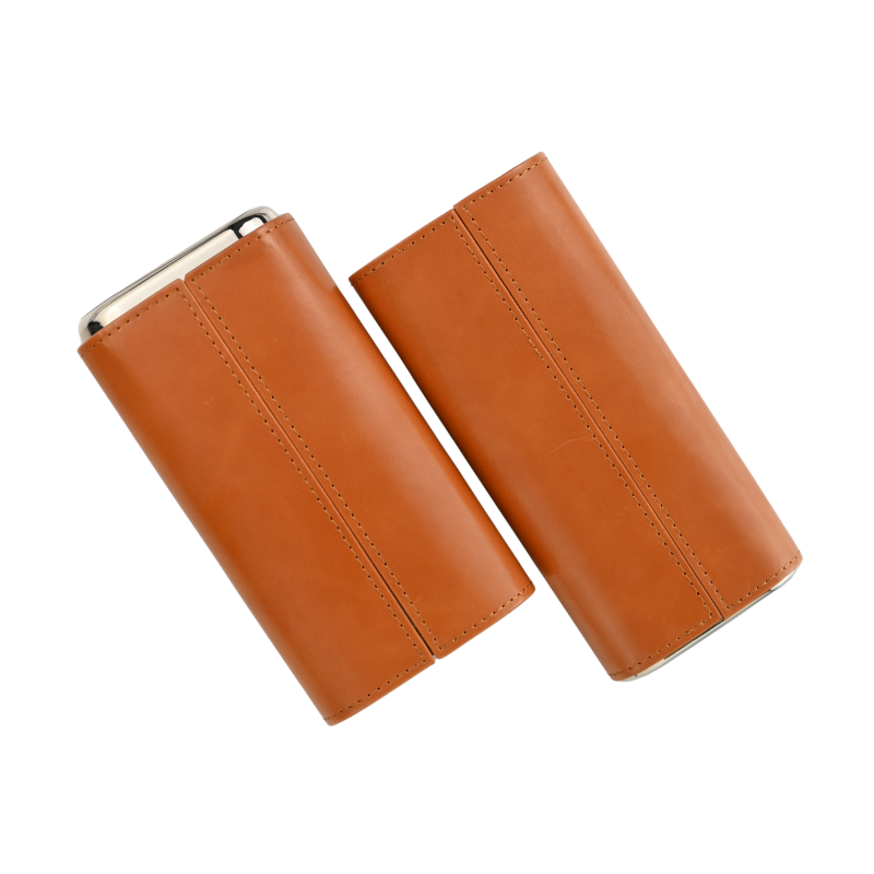 3 Finger Brown Metal Cedar-Lined Cigar Case with Silver Top