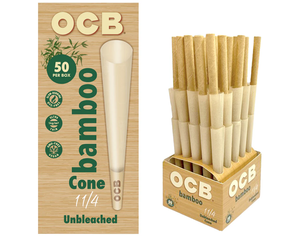 OCB Unbleached Bamboo 1 1/4 Pre-Rolled Cones Mini Tower- 50ct