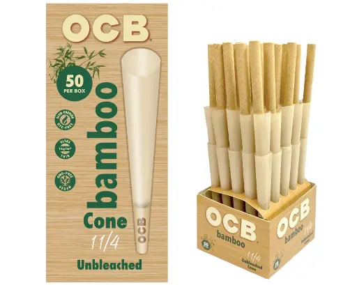 [OCBUNBLBAM114CN/50] OCB Unbleached Bamboo 1 1/4 Pre-Rolled Cones Mini Tower- 50ct
